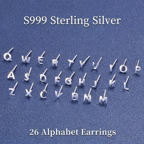 S999 Fine Silver Letter Stud Earrings Minimalist Geometric Alphabet Hypoallergenic Tiny Ear Jewelry For Women Girls