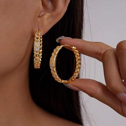Γεωμετρικά Σκουλαρίκια Κρίκοι Με Αλυσίδα 18K Επιχρυσωμένο Χαλκό Ζιργκόν Μικρο Παβέ Μόδα Κοσμήματα Γυναίκες