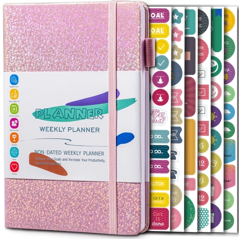 Wekelijkse Planner Notitieboek Zonder Datum Kunstlederen Glitter Cover Doelen Tracker Tijdbeheer Met Stickers