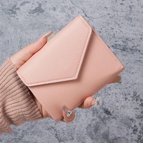 Women Short Wallet PU Leather Lychee Pattern Envelope Multi Card Slots Tri Fold Coin Purse Photo Window Elegant Stylish