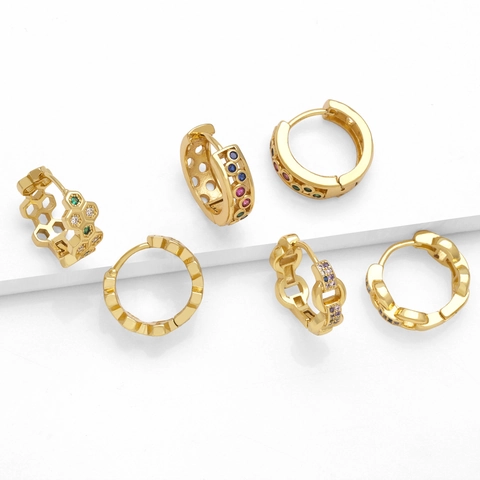 Colorful Zircon Huggie Hoop Earrings Gold Plated Copper Honeycomb Chain Link Geometric Jewelry For Women