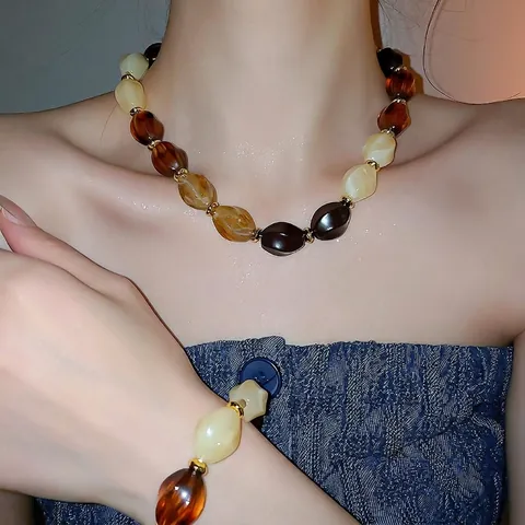 Gioielli Vintage Collana Bracciale Orecchini Lega Acrilico Resina Perle 925 Argento Sterling Perno Orecchino Donna Maillard