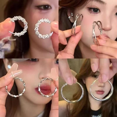 Minimalistische Geometrische Creolen Legierung Mit 925 Sterling Silber Ohrstecker Gedreht Glatt Metall Schmuck Für Frauen