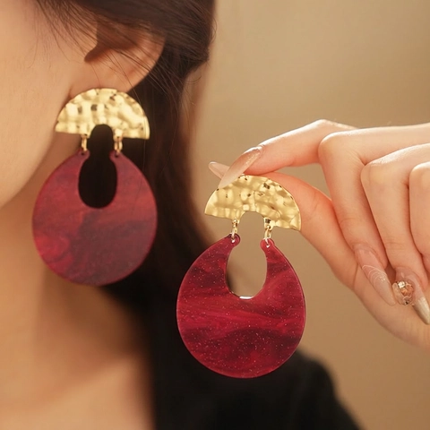 Retro Roter Marmor Harz Hängeohrringe Gehämmerter Goldmetall Kupfer Geometrischer Rundschmuck Mit Silver Earring Post Damen