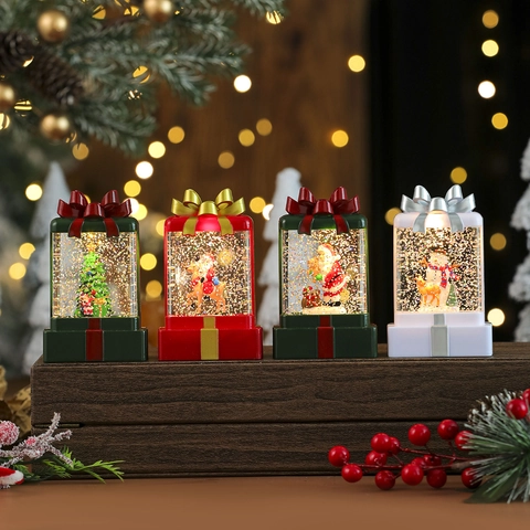 Weihnachts Schneekugel Laterne Wassergefüllt LED Nachtlicht Box Glitzernder Schnee Desktop Ornament PC Kunststoff Harz