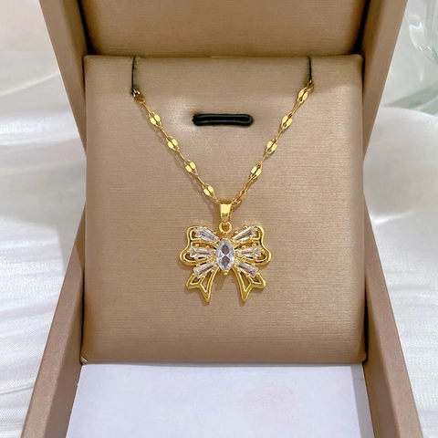 Collana Con Pendente A Fiocco Placcata In Oro Catena In Acciaio Inossidabile Rame Zirconia Gioielli Eleganti Per Donna