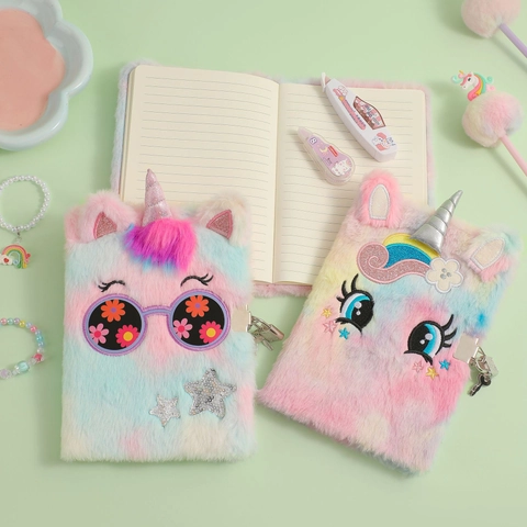 Kids Cartoon Big Eye Unicorn Plush Notebook With Lock Cute Diary For Students Girls Tie-Dye Furry Secret Handbook Journal Gift