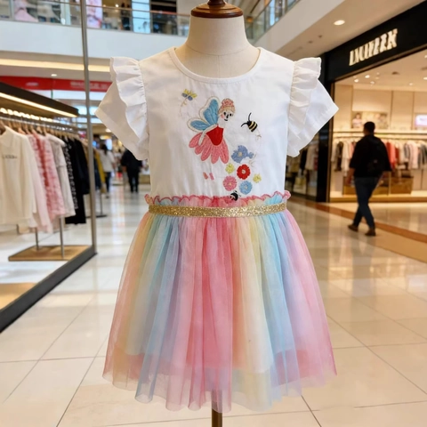 Girls Cotton Fairy Embroidery Rainbow Tulle Dress Ruffle Sleeve Princess Sequin Waist Kids Summer Patchwork Party Dress