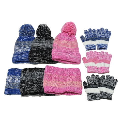 Berretto Sciarpa E Guanti In Maglia Per Bambini Inverno Caldo Rigato Acrilico Foderato In Pile Beanie Con Pompon Scaldacollo