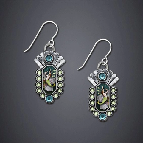 Vintage Bohemian Dangle Earrings Alloy Metal Enamel Mermaid Butterfly Pattern Retro Jewelry For Women