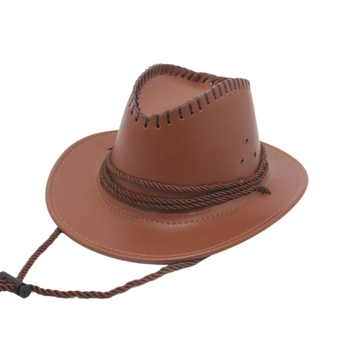 Western Cowboy Hat Faux Leather PU Vintage Wide Brim Outdoor Riding Fedora With Adjustable Windproof Rope For Men Women