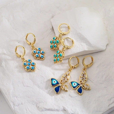 Evil Eye Schmetterling Blatt Creolen 18K Vergoldet Kupfer Emaille Zirkonia Geometrischer Hängeschmuck Für Frauen