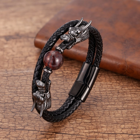 Men Braided Leather Bracelet Stainless Steel Dragon Heads Natural Gemstone Bead Double Layer Retro Jewelry