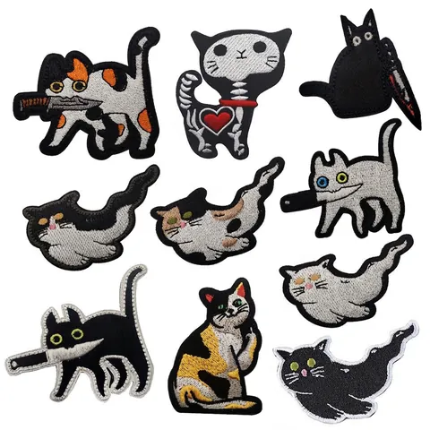 Toppa Ricamata Gatto Divertente Con Coltello Distintivo Tattico Supporto In Velcro Applicazione Animale Scheletro Vestiti