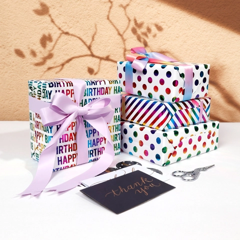 Colorful Laser Birthday Gift Wrapping Paper With Holographic Rainbow Hearts Stars Stripes Pattern For Festive Present Wrap