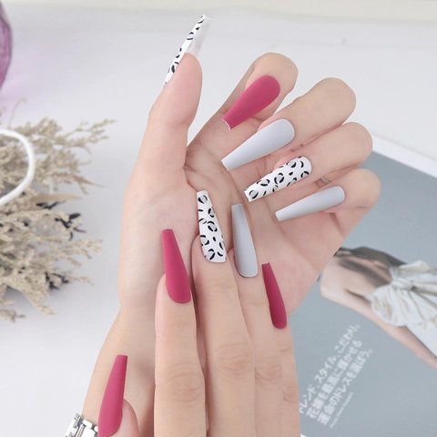 Uñas Postizas Largas De Ataúd Mate Estampado De Leopardo Magenta Uñas Artificiales Para Mujeres Accesorios De Manicura DIY