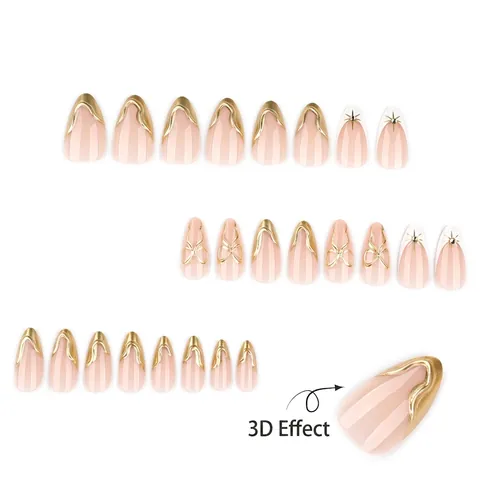 Press On Nails French Almond Nude Pink With 3D Gold Bow And Rhinestone Starburst Elegance Artificial Fingernails