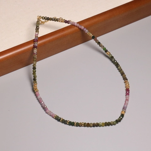 Natural Tourmaline Beaded Necklace Rainbow Gradient Dainty Clavicle Chain Stainless Steel Handmade Jewelry For Women