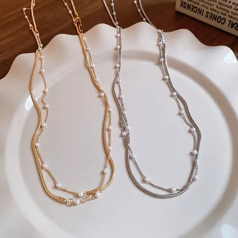Collar De Capas Cobre Perla Artificial Cadena De Serpiente Collar Largo Para Suéter Minimalista Francés Lujo Para Mujer