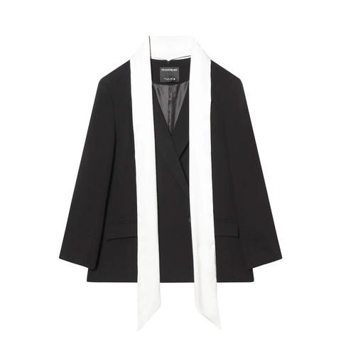 Women Blazer Jacket Contrast Color Block Scarf Collar Long Sleeve Single Button Casual Business Office Fashion