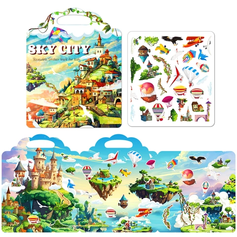 Reusable Jelly Sticker Book Sky City Theme Quiet Book For Toddlers Early Education Travel Toy Portable DIY Scene Sticker Book