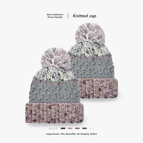 Gorro de Punto Color Block para Mujer Dulce Invierno Cálido Gorro de Punto con Pompones para Exterior Protección contra el Frío