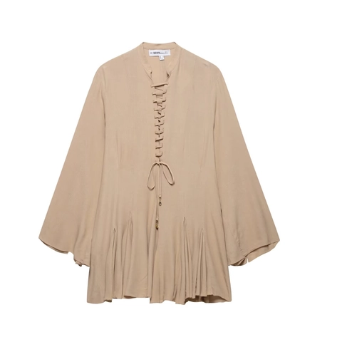 Geschnürtes Plissee Chiffon Minikleid Langarm Reverskragen Einfarbig Elegant Casual Damen