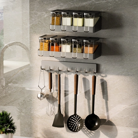 Wall Mounted Hook Rail No Drill Self Adhesive Matte Grey Multi Purpose Rack For Kitchen Bathroom Entryway Door Organization
