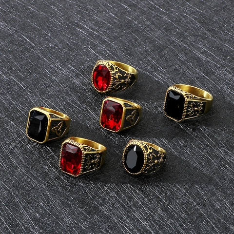 Men Vintage Stainless Steel Ring Artificial Gemstone Carved Signet Punk Gothic Hip Hop Jewelry Accessory