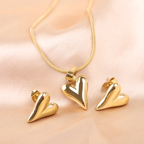 Conjunto Joyas Corazón Collar Y Pendientes Acero Inoxidable Pulido Liso Colgante Cadena Serpiente Moda Minimalista Mujeres