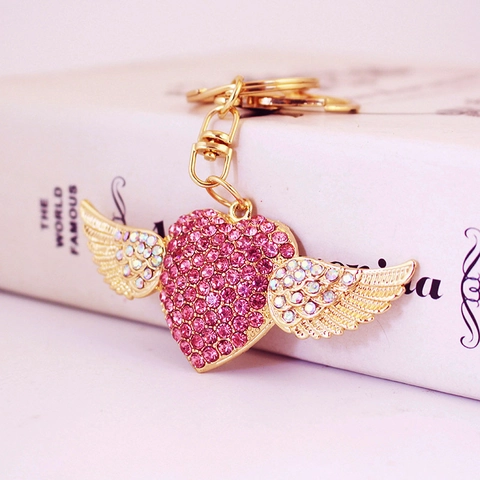 Exquisite Alloy Heart Wings Of Love Keychain Full Rhinestone Sparkling Bag Pendant Charm Accessory Gift For Women Girls