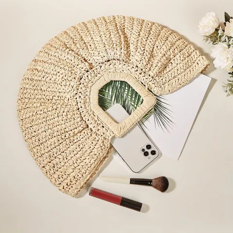 Women Straw Handbag Solid Color Woven Beach Vacation Moon Bag Retro Casual Integrated Handle Summer Tote