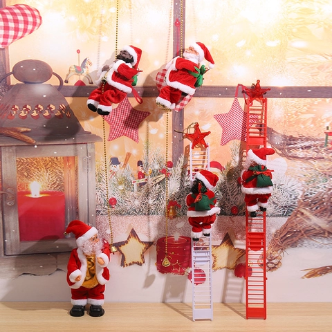 Electric Climbing Santa Claus Musical Figure Black And White Santa Climbing Rope Ladder Christmas Hanging Ornament Decor Kids Gift