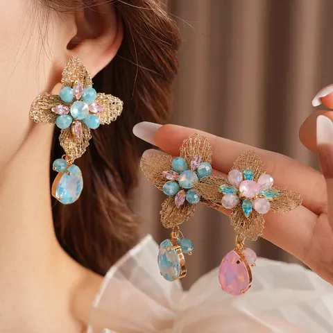Vintage Flower Water Drop Dangle Earrings Copper With Rhinestone Crystal And Silver Earring Post