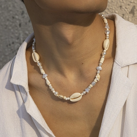 Men Shell Artificial Pearl Necklace Sea Turtle Starfish Conch Beaded Summer Beach Hip Hop Style Jewelry With Alloy Clasp