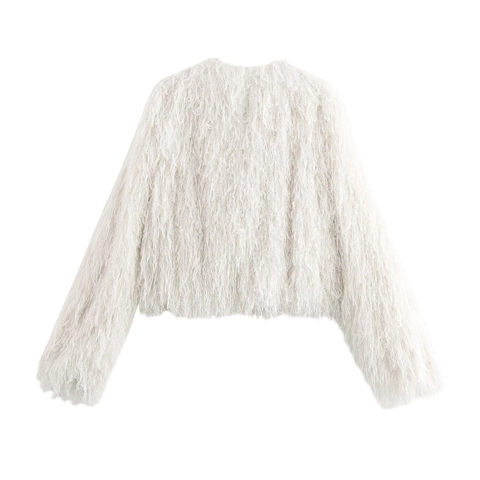 Witte Imitatiebont Franje Jas Voor Dames Metallic Lijn Cropped Lange Mouwen Ronde Hals Casual Mode Bovenkleding