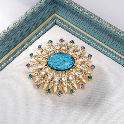 Spilla a Raggiera in Lega Vintage Con Pietra Blu Strass Stile Palazzo Spilla a Fiore per Donna Gioielli per Matrimonio