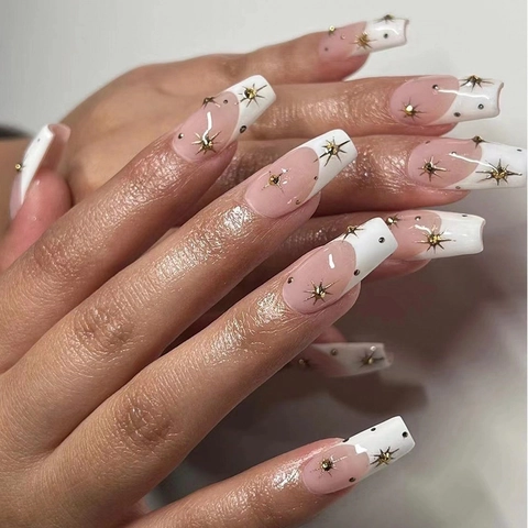 Unghie Finte Coffin Lunghe French Tip Bianco Design Stella Dorata Rosa Nude Unghie Artificiali Rimovibili Donne Eleganti