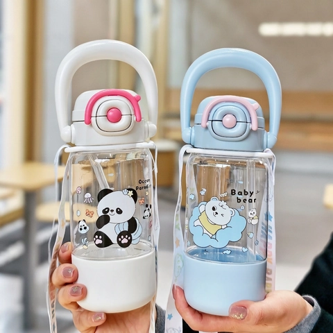 Children Cartoon Straw Water Bottle Plastic Portable Large Capacity With Strap And Handle For School Students