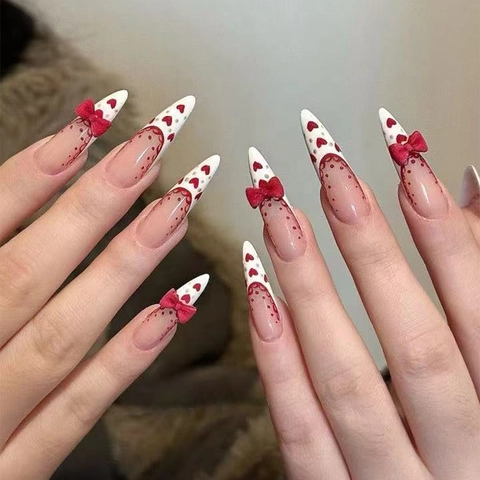 Uñas Postizas Stiletto Press On Largas French Tip Corazón Rojo Encaje Lazo Uñas Artificiales Elegantes Dulces