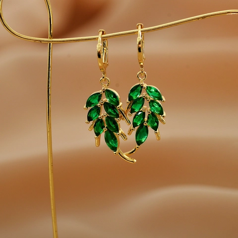 French Elegant Marquise Zircon Leaf Dangle Earrings Copper Wheat Ear Jewelry For Women