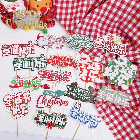 Christmas Cake Toppers Paper Wood Sticks Merry Christmas Cartoon Santa Reindeer For Baking Party Decoration