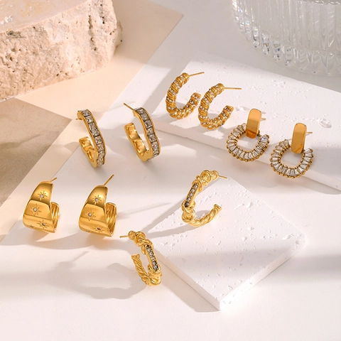 Gold Plated Stainless Steel C Shape Hoop Earrings For Women Twisted Rope Texture Rhinestone Inlaid Geometric Jewelry