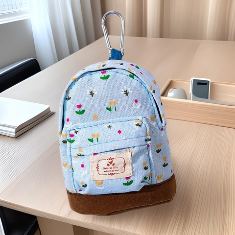 Mini Backpack Coin Purse Canvas Floral Print Small Wallet With Metal Hook Zipper Pouch For Women And Girls Bag Charm
