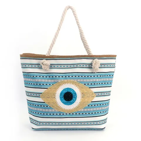 Τσάντα Tote Και Πουγκί Με Κέντημα Evil Eye Καμβάς Houndstooth Μποέμ Τσάντα Παραλίας Ώμου Με Λαβή Από Σχοινί
