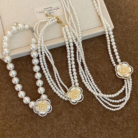 Mehrlagige Kunstperlenkette Mit Strass Blumen Anhänger Vintage Eleganter Schmuck Für Damen