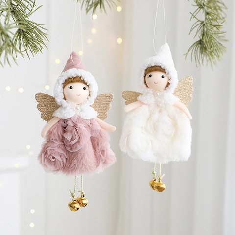 Angelo Di Natale In Peluche Ornamenti Da Appendere Ali Scintillanti Campanelli In Metallo Decorazione Rosa Bianco