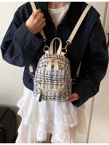 Small Backpack Tweed Boucle Grid Pattern Fashion Elegant Rucksack For Women Girls Korean Style Chic