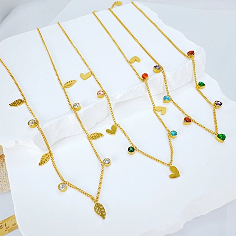 Edelstahl Anhänger Halskette Für Damen Gold Überzogen Hohl Blatt Herz Anhänger Bunte Strass Schlüsselbeinkette Schmuck