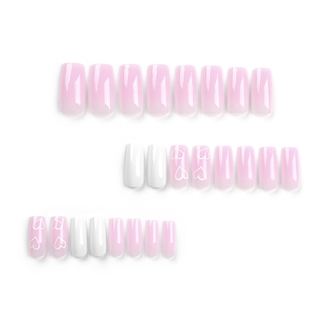Künstliche Fingernägel Mittel Lang Quadratisch Glänzend Rosa Weiß Herz Muster Französischer Stil Falsche Nägel Für Frauen